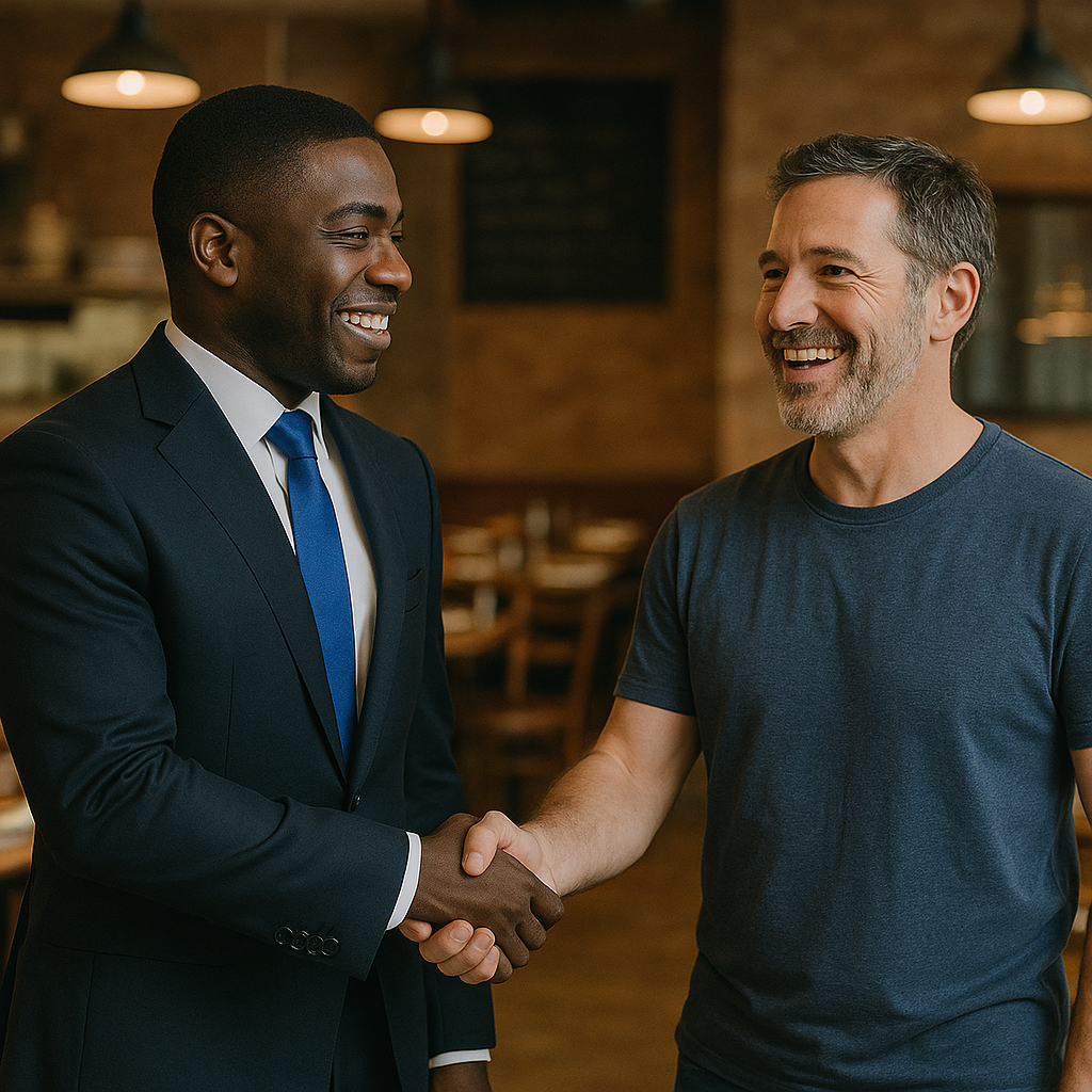 Conscious Business Capital representative shaking hands with happy business owner